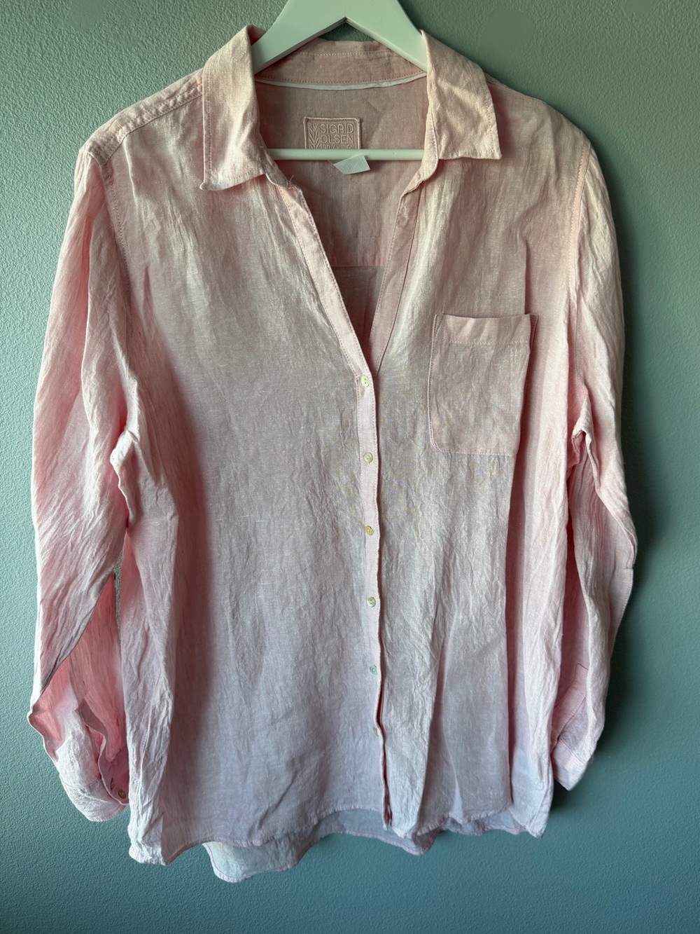 Sigrid Olson pink 100% linen long sleeve button down top Women’s sz XL